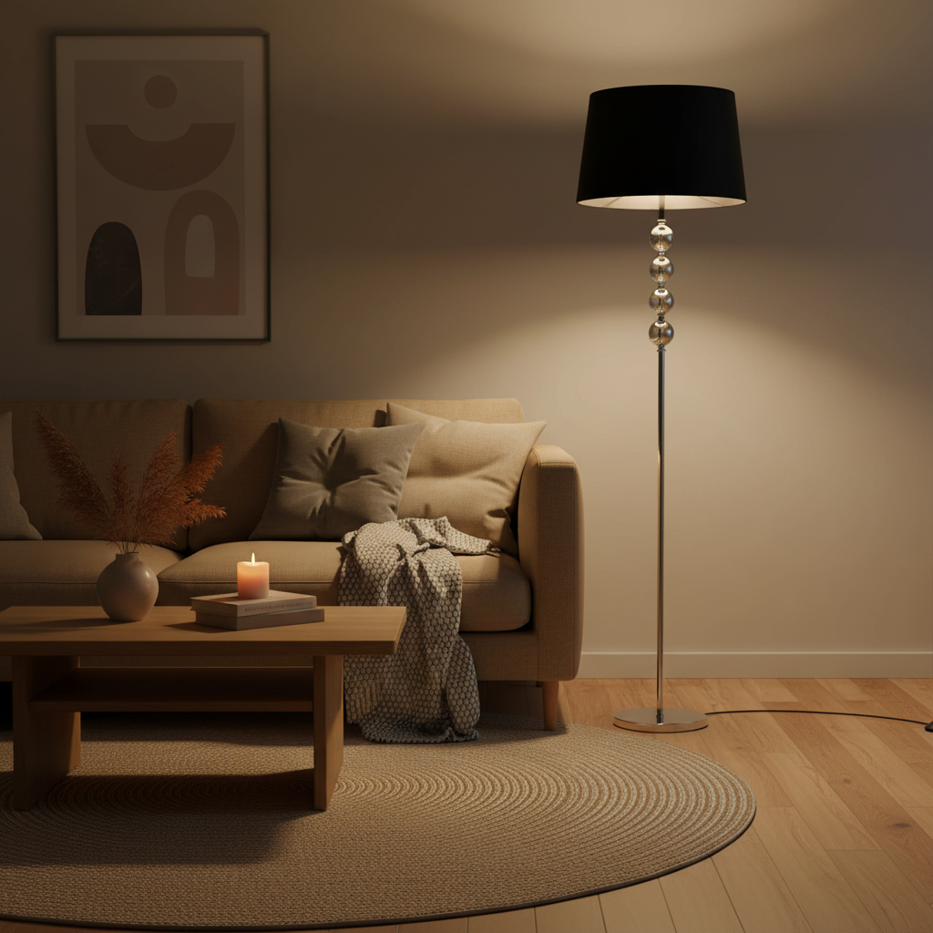 Golvlampa i mysigt vardagsrum