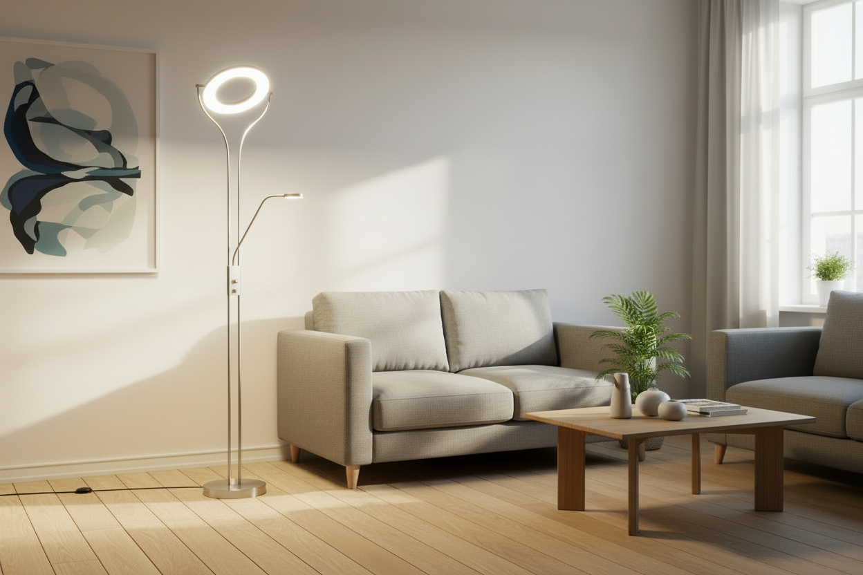 Golvlampa i vardagsrum på dagen