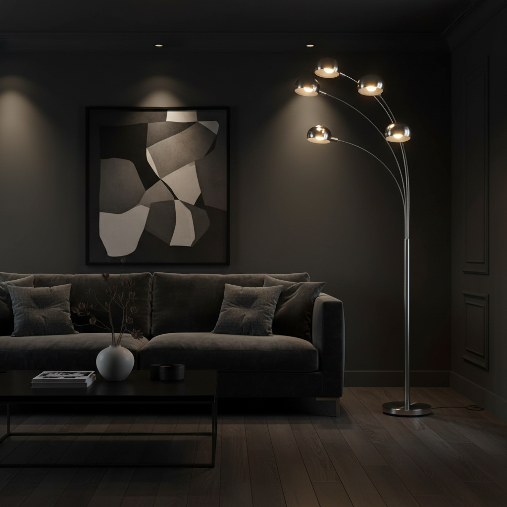 Krom golvlampa med 5 lampor i exklusivt mörkt vardagsrum