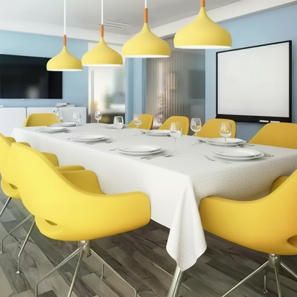 Macaron taklampor över dukat matbord utan text