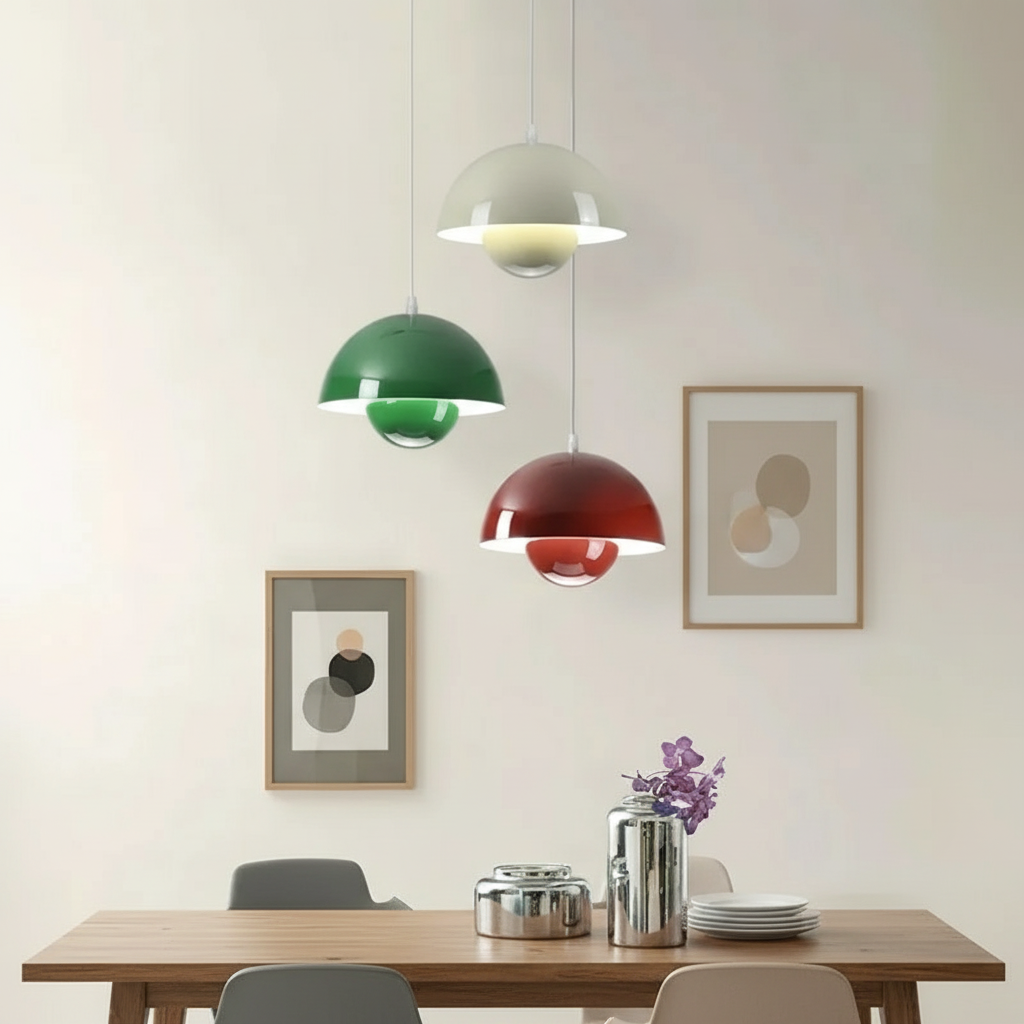 Skandinaviska taklampor i cream, grönt och burgundy