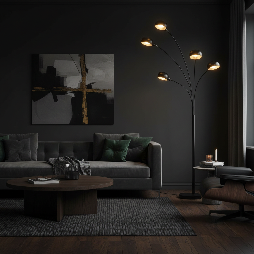 Svart golvlampa i exklusivt mörkt vardagsrum