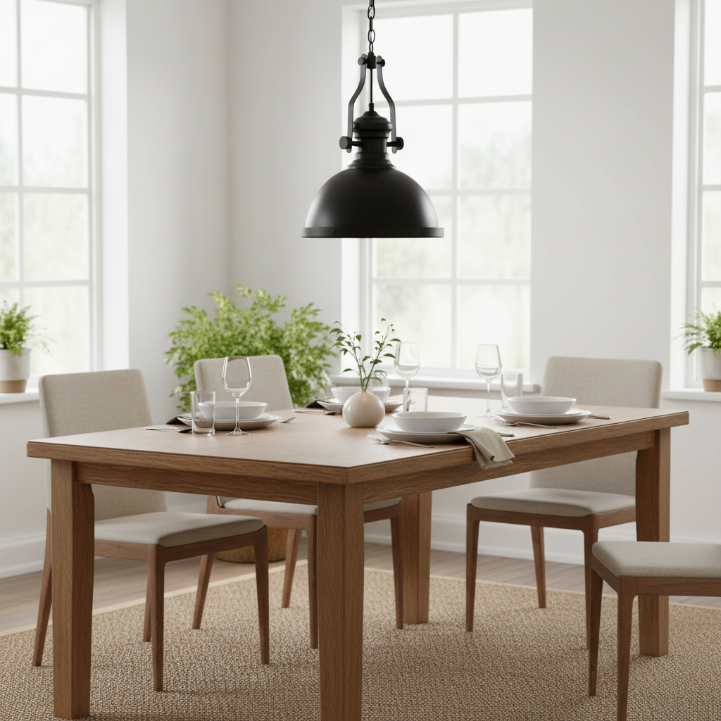 Svart industriell taklampa över matsalsbord