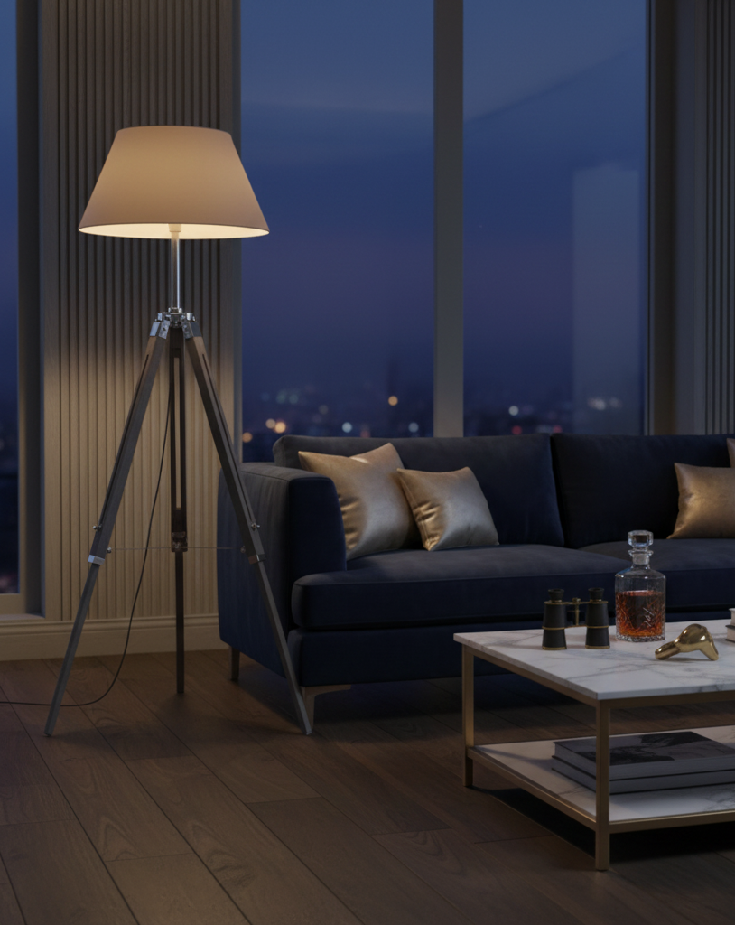 Tripodlampa i exklusivt vardagsrum på kvällen