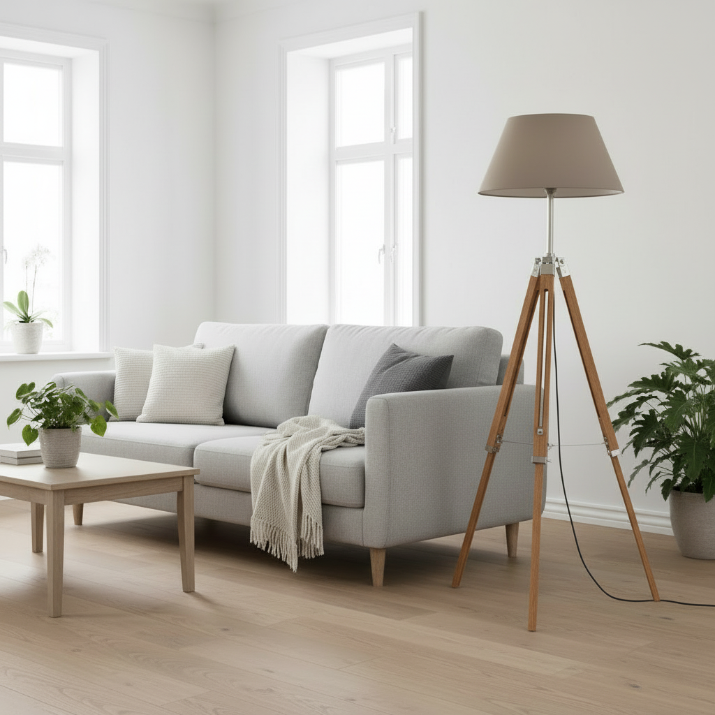Tripodlampa med ljusa träben i vardagsrum